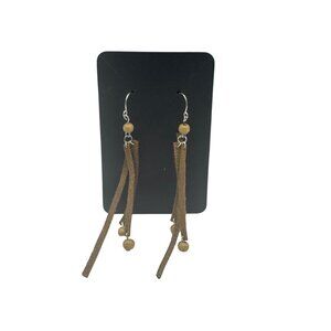 Brown Leather Fringe Dangle Earrings With Wooden Beads Lightweight Boho Handmade